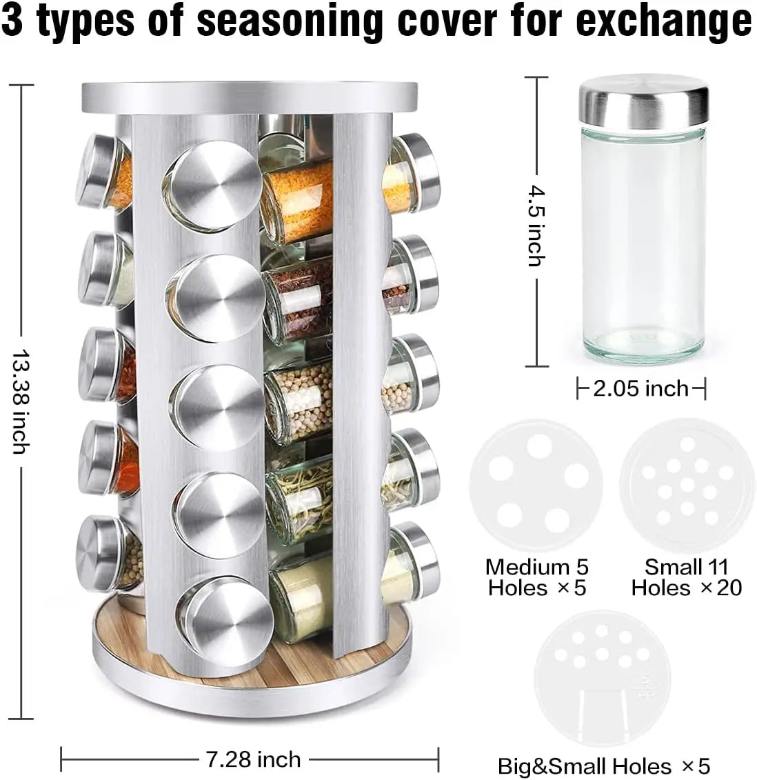 20 Spice Rack Organizer with Jars, 360° Rotating Seasoning Tower for Cabinet Countertop
