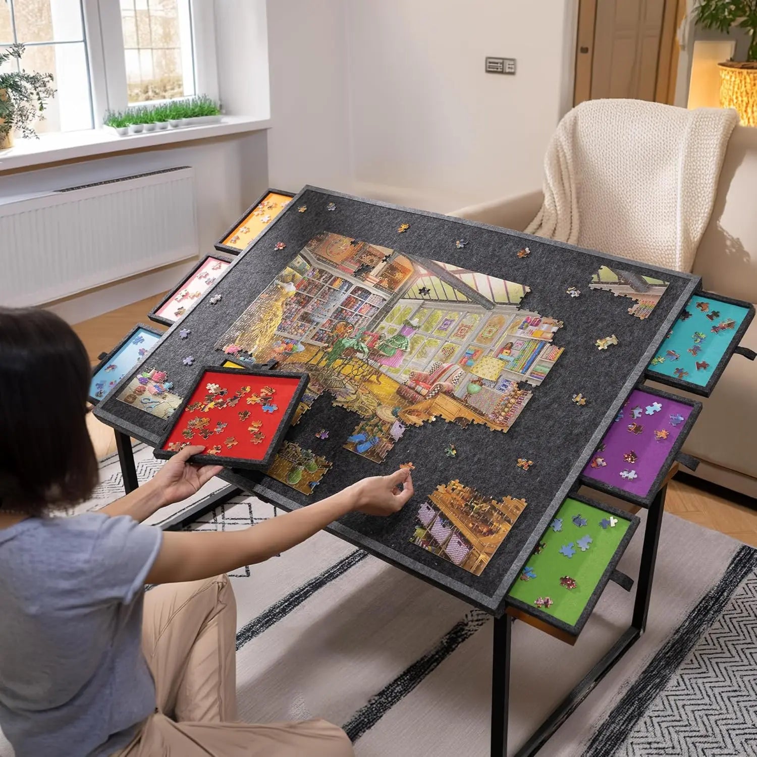2000 Piece Tilting & Foldable Puzzle Board with 8 Colored Drawers & Cover, Portable Jigsaw Puzzle Table with Storage for Adults
