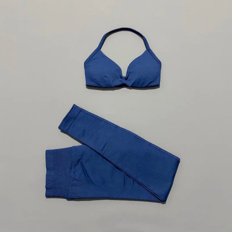 2 Piece Sports Set Women Yoga Backless Halter Bra High Waist Scrunch Seamless Pants