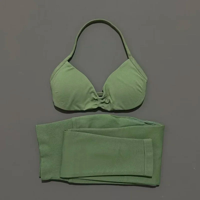 2 Piece Sports Set Women Yoga Backless Halter Bra High Waist Scrunch Seamless Pants