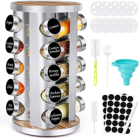 20 Spice Rack Organizer with Jars, 360° Rotating Seasoning Tower for Cabinet Countertop