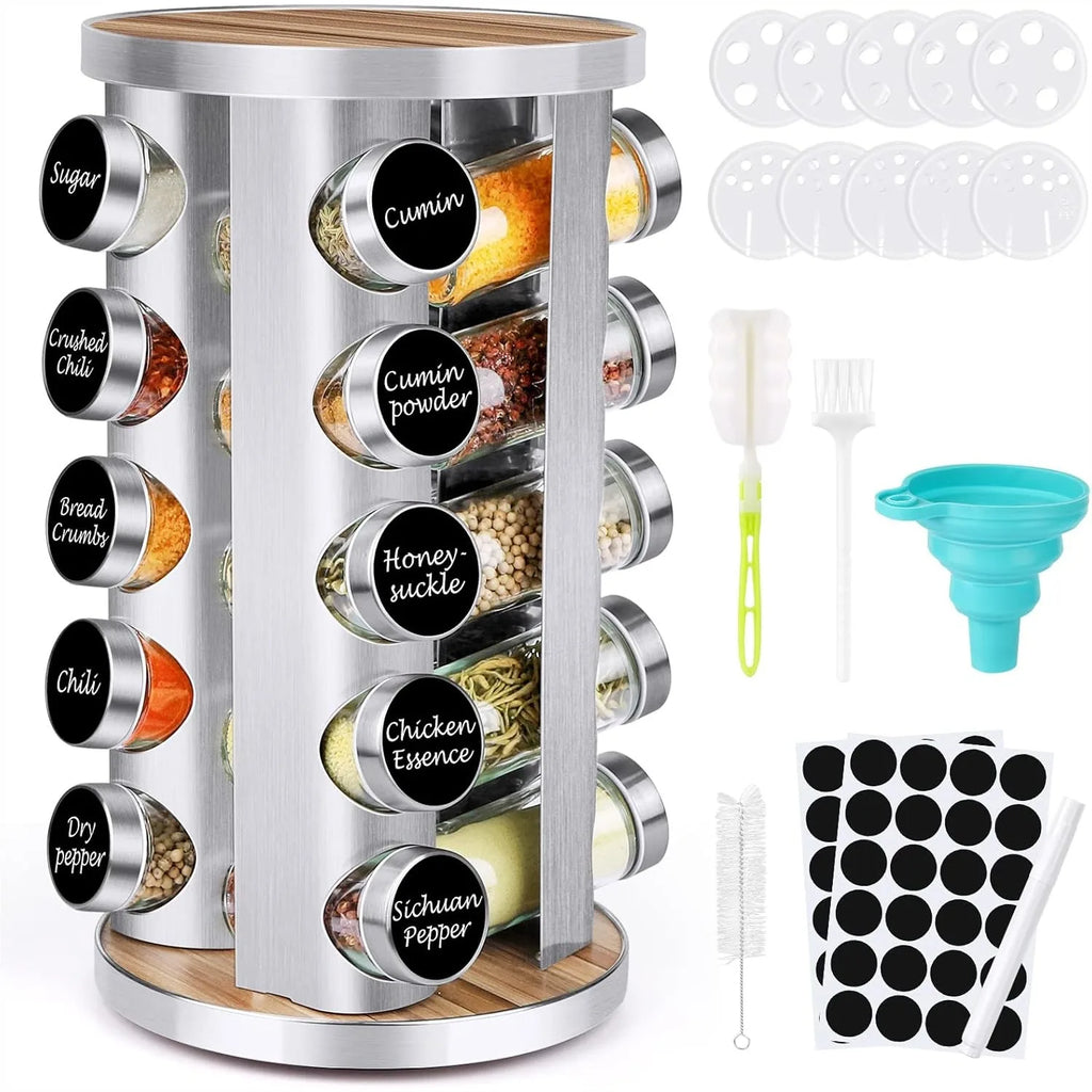 20 Spice Rack Organizer with Jars, 360° Rotating Seasoning Tower for Cabinet Countertop