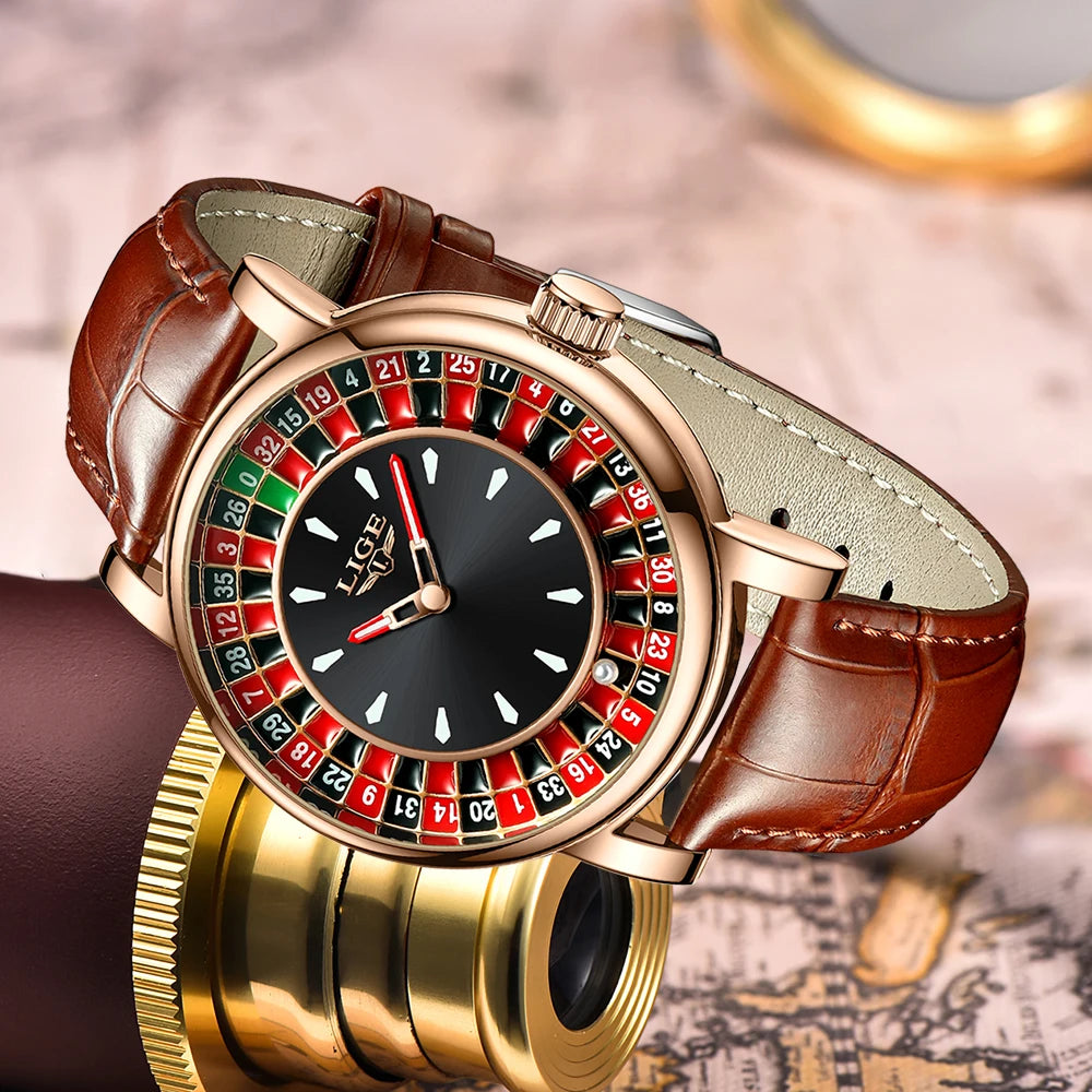 LIGE Brown Leather Men Watch Rotating Dial Las Vegas Roulette Desktop Theme