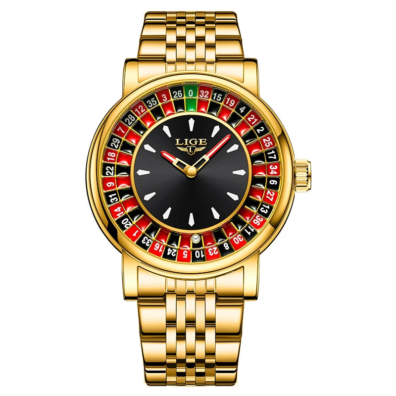 LIGE Brown Leather Men Watch Rotating Dial Las Vegas Roulette Desktop Theme