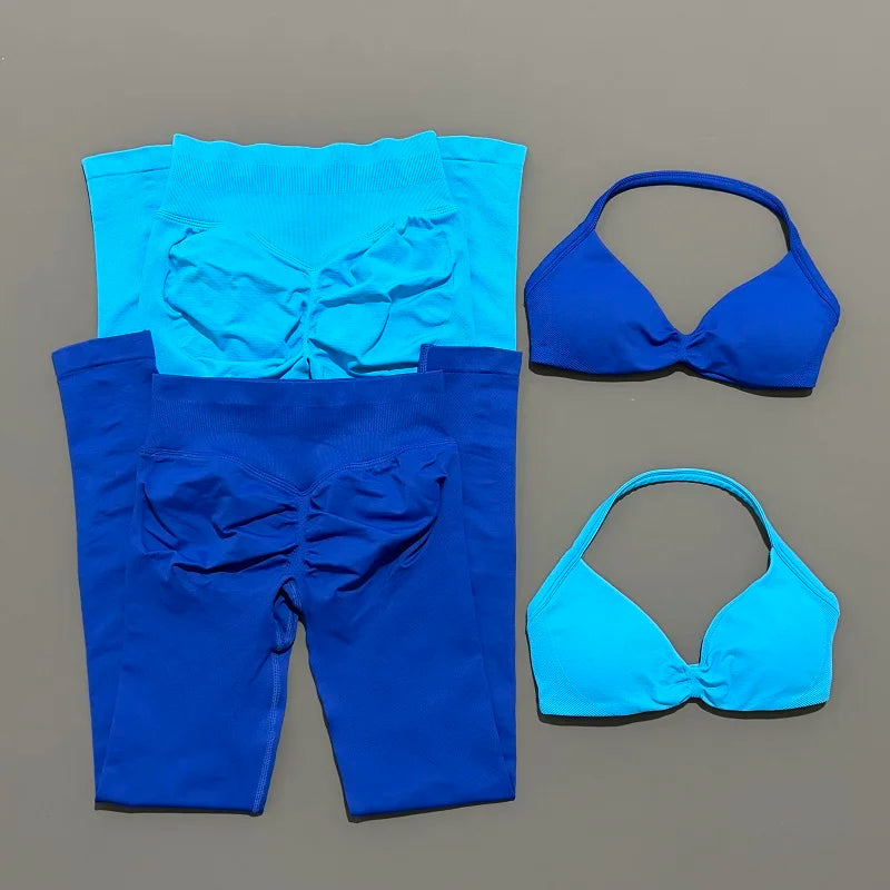 2 Piece Sports Set Women Yoga Backless Halter Bra High Waist Scrunch Seamless Pants