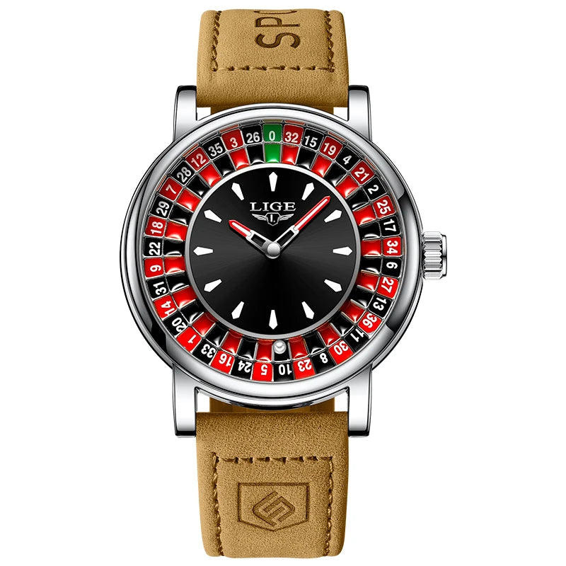 LIGE Brown Leather Men Watch Rotating Dial Las Vegas Roulette Desktop Theme