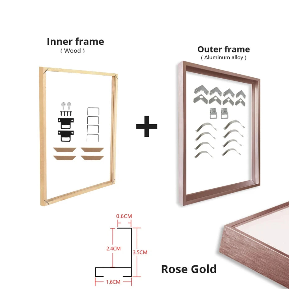 Customized DIY Frame Kit Gold Black Metal Aluminum Outer Frame and Wooden Inner Frame