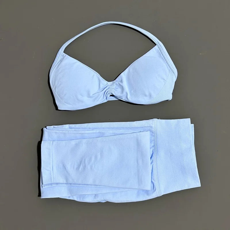2 Piece Sports Set Women Yoga Backless Halter Bra High Waist Scrunch Seamless Pants