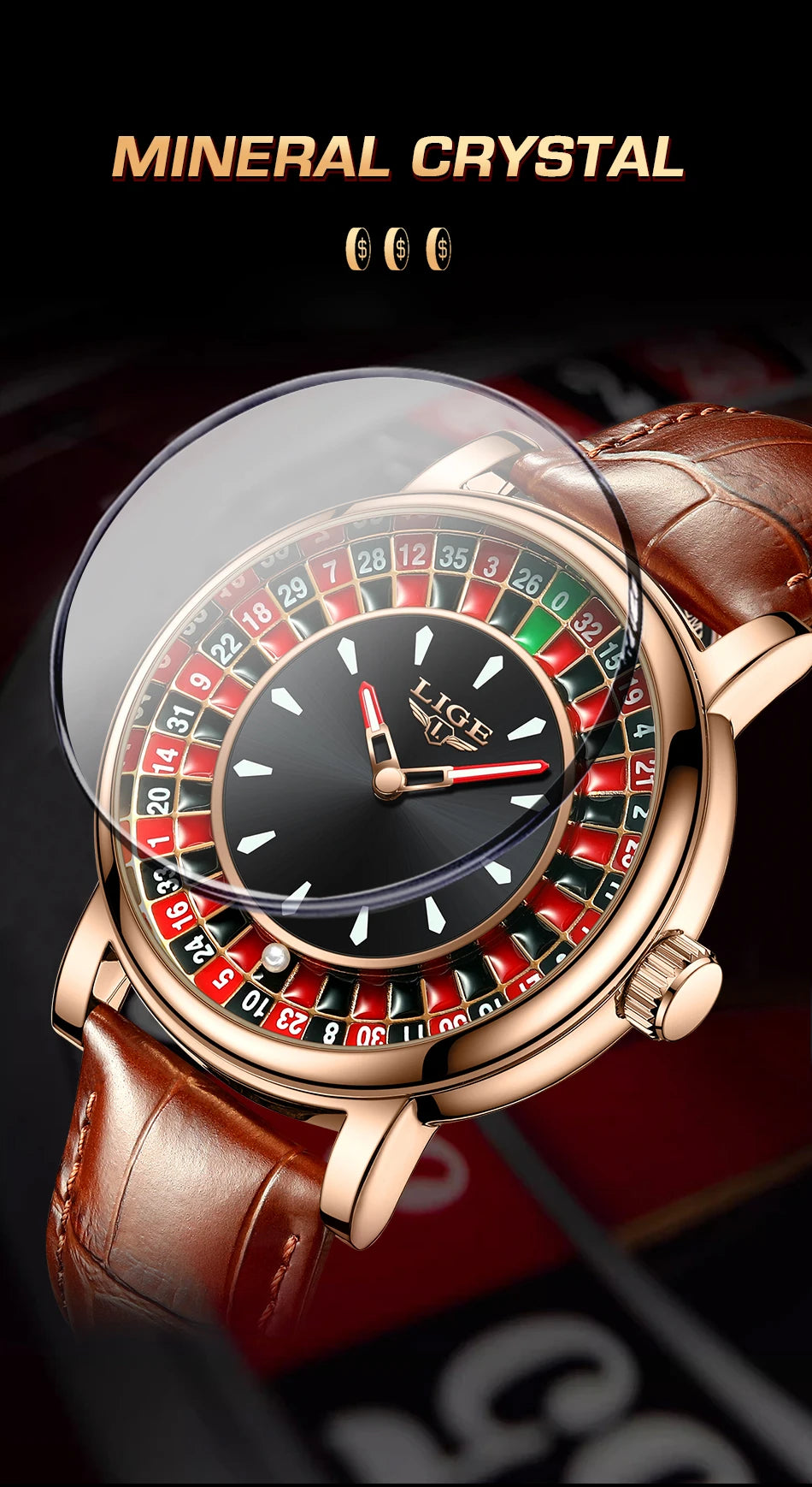 LIGE Brown Leather Men Watch Rotating Dial Las Vegas Roulette Desktop Theme