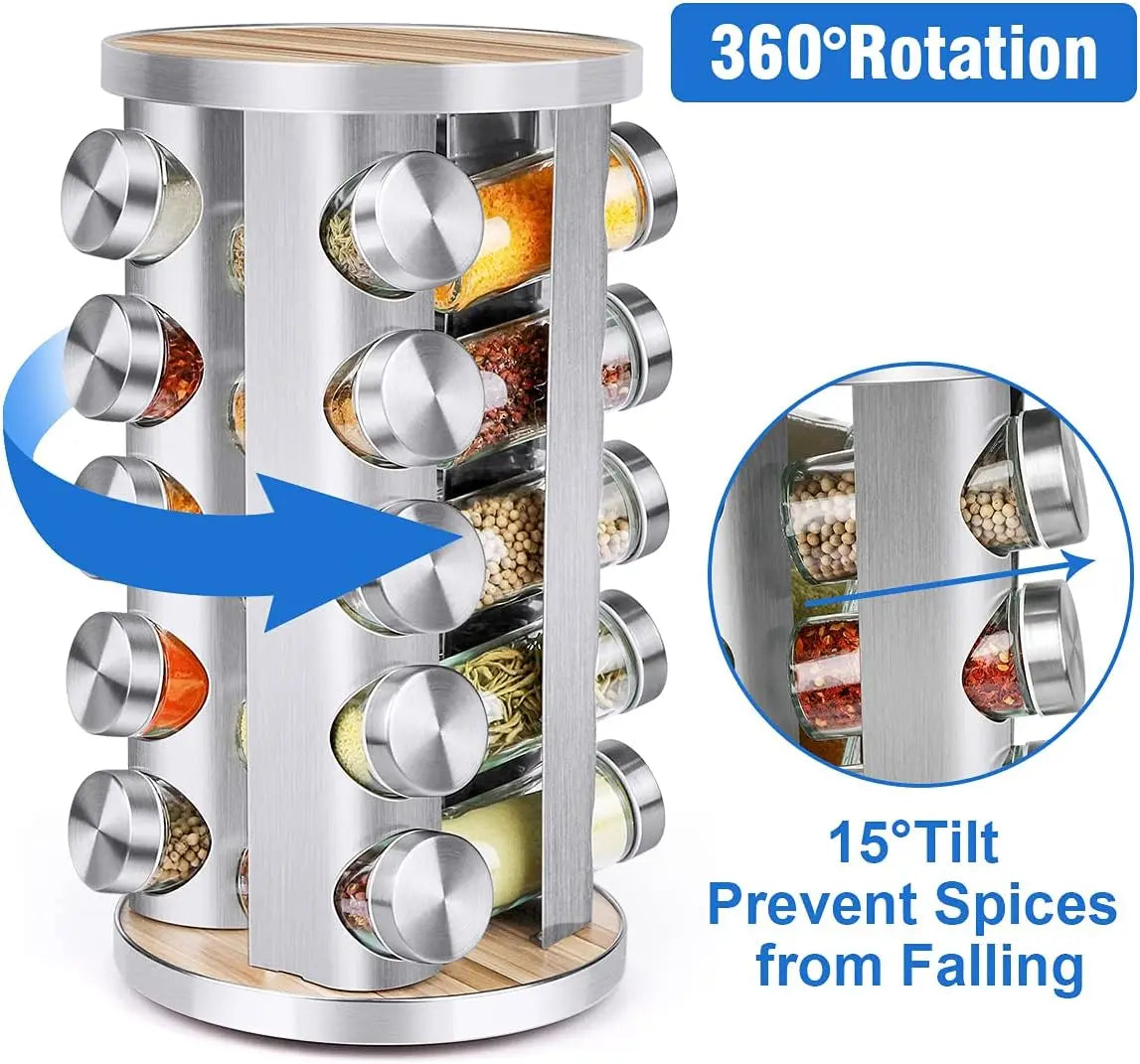 20 Spice Rack Organizer with Jars, 360° Rotating Seasoning Tower for Cabinet Countertop