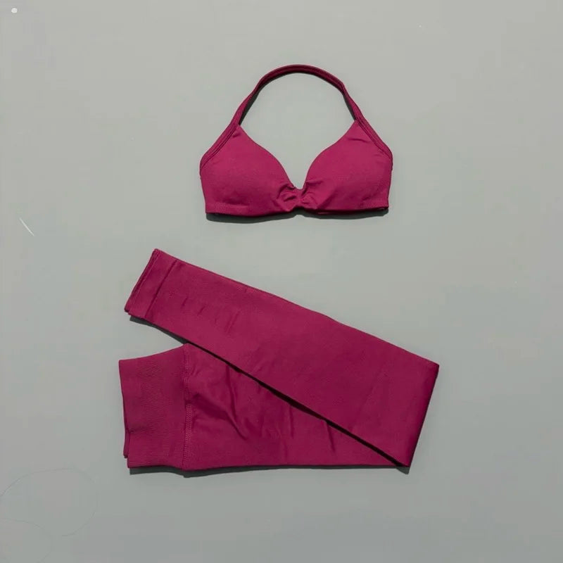 2 Piece Sports Set Women Yoga Backless Halter Bra High Waist Scrunch Seamless Pants