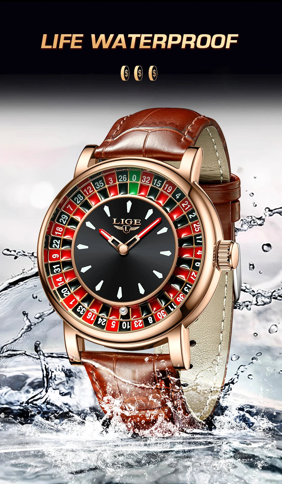 LIGE Brown Leather Men Watch Rotating Dial Las Vegas Roulette Desktop Theme