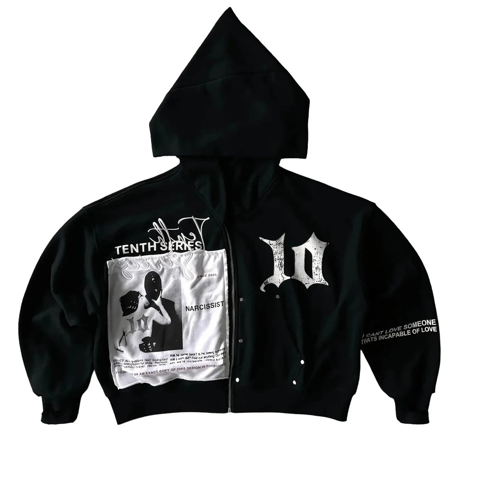 Men's Black Oversized Zip Up Hoodie "Tenth Series" Graphic Print Streetwear