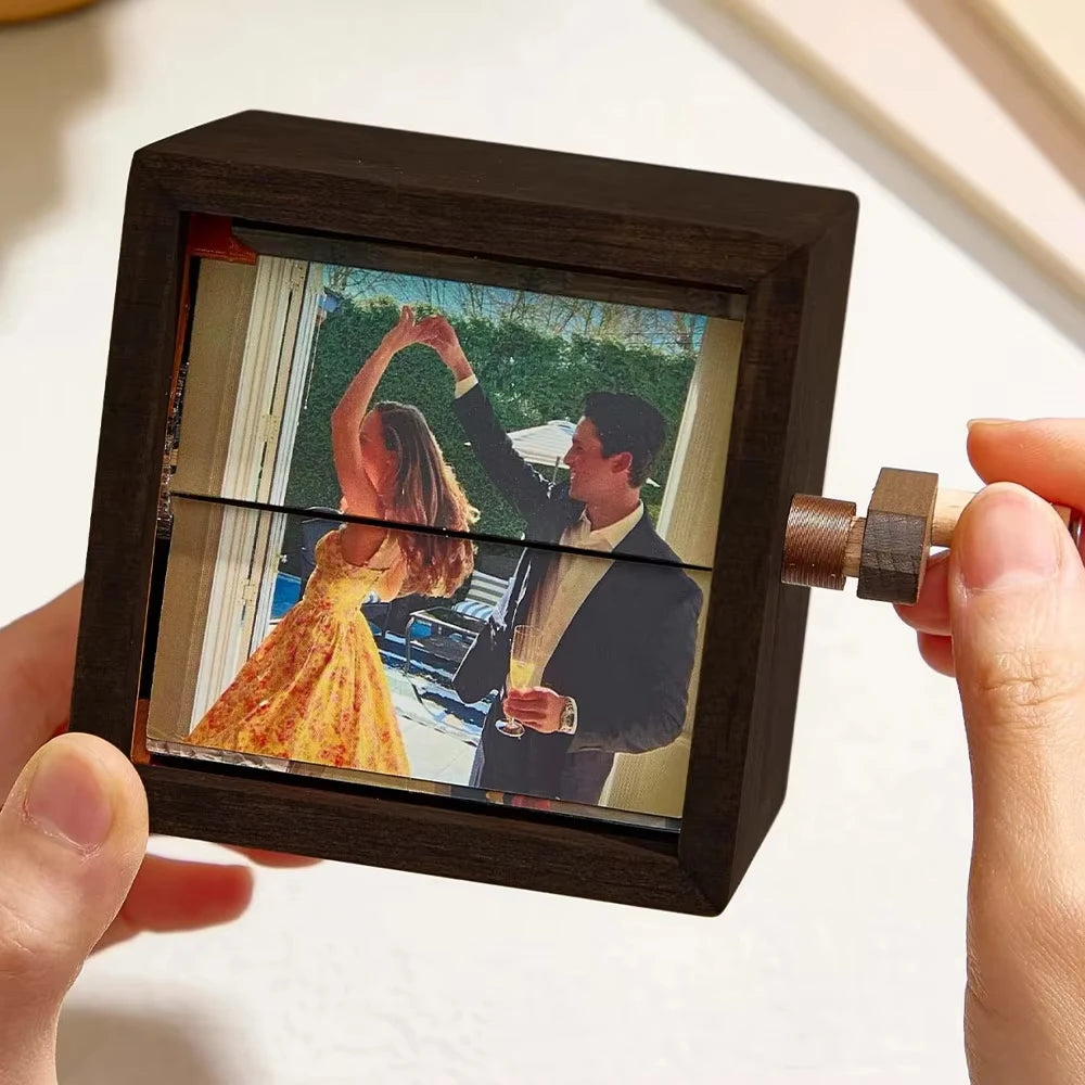 Hand Cranked Photo Flip book Box Personalized Photo card Holder Mother's Day Gift Solid Wood