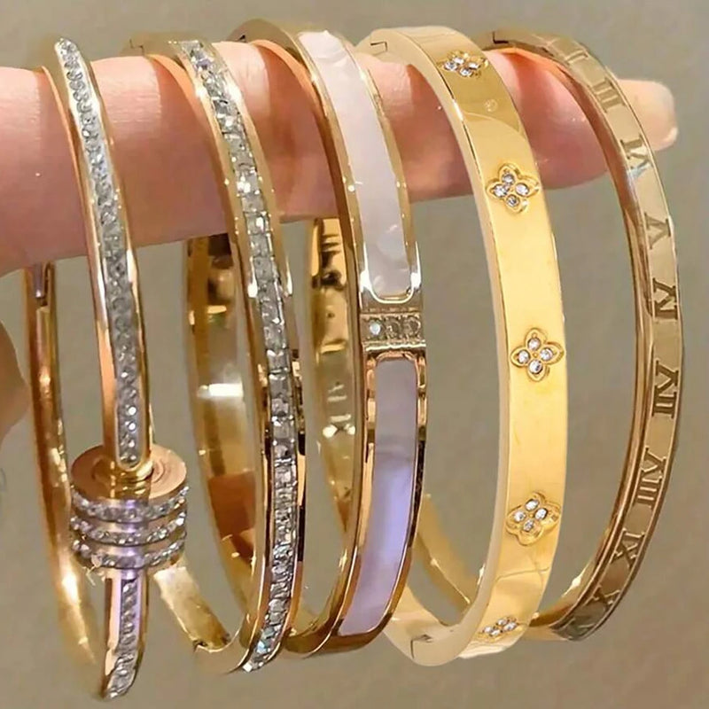 5/1pcs Sparkling Zirconia Inlaid Stainless Steel Bracelet Set