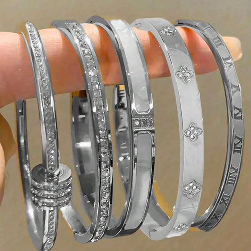 5/1pcs Sparkling Zirconia Inlaid Stainless Steel Bracelet Set