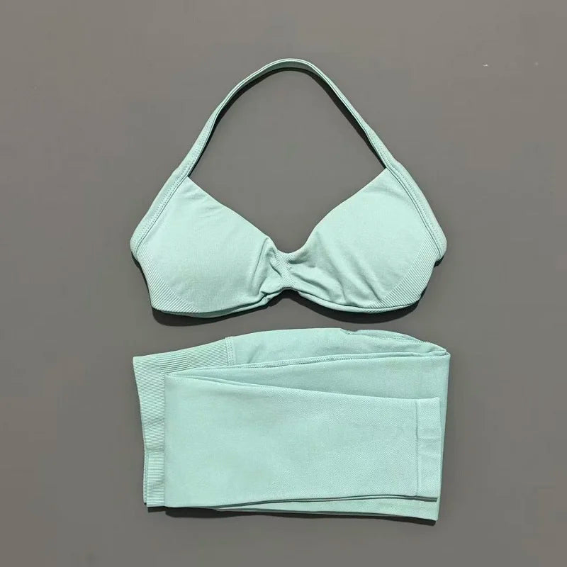2 Piece Sports Set Women Yoga Backless Halter Bra High Waist Scrunch Seamless Pants