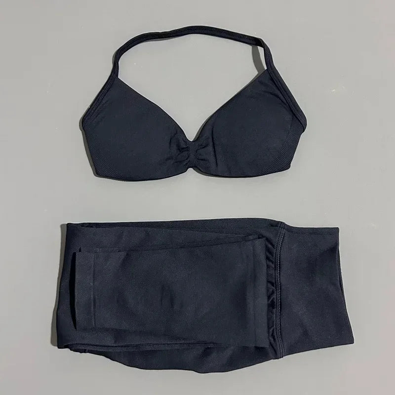 2 Piece Sports Set Women Yoga Backless Halter Bra High Waist Scrunch Seamless Pants