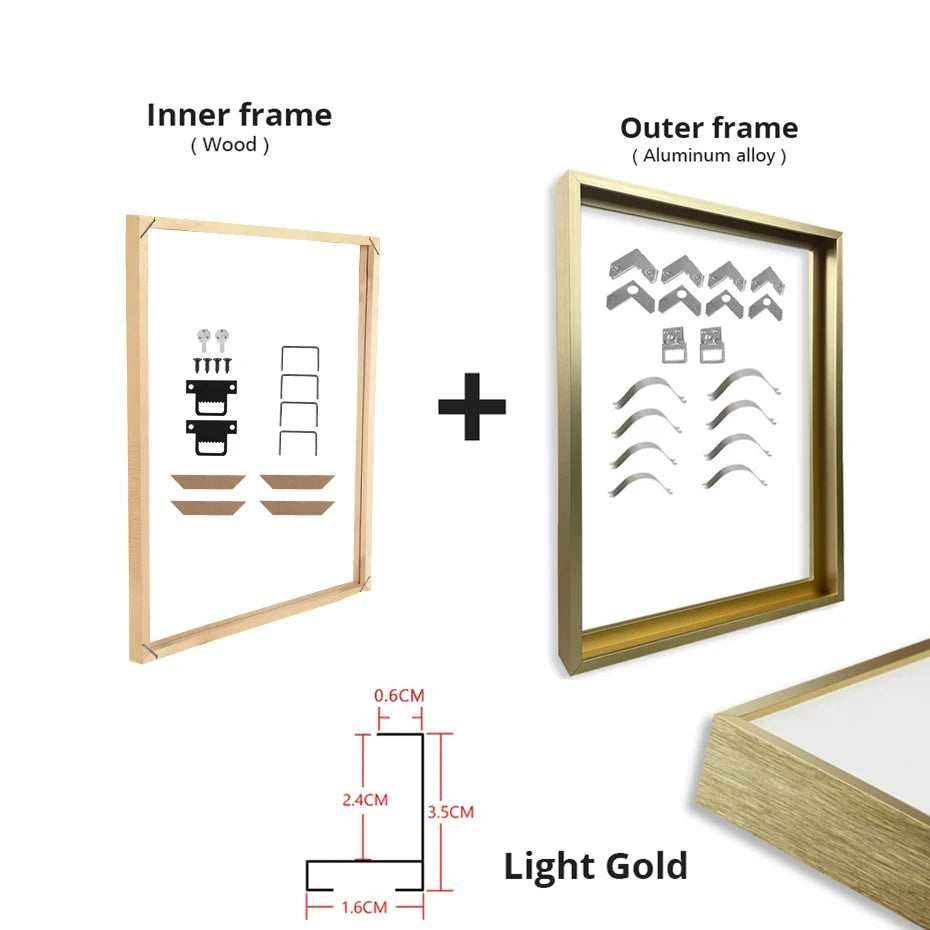 Customized DIY Frame Kit Gold Black Metal Aluminum Outer Frame and Wooden Inner Frame