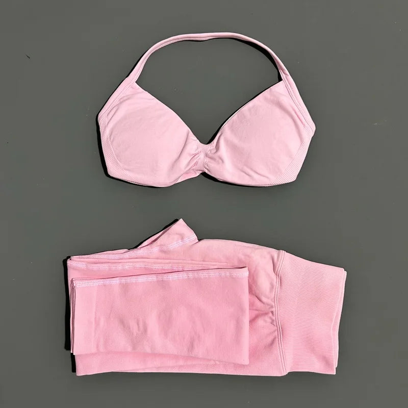 2 Piece Sports Set Women Yoga Backless Halter Bra High Waist Scrunch Seamless Pants