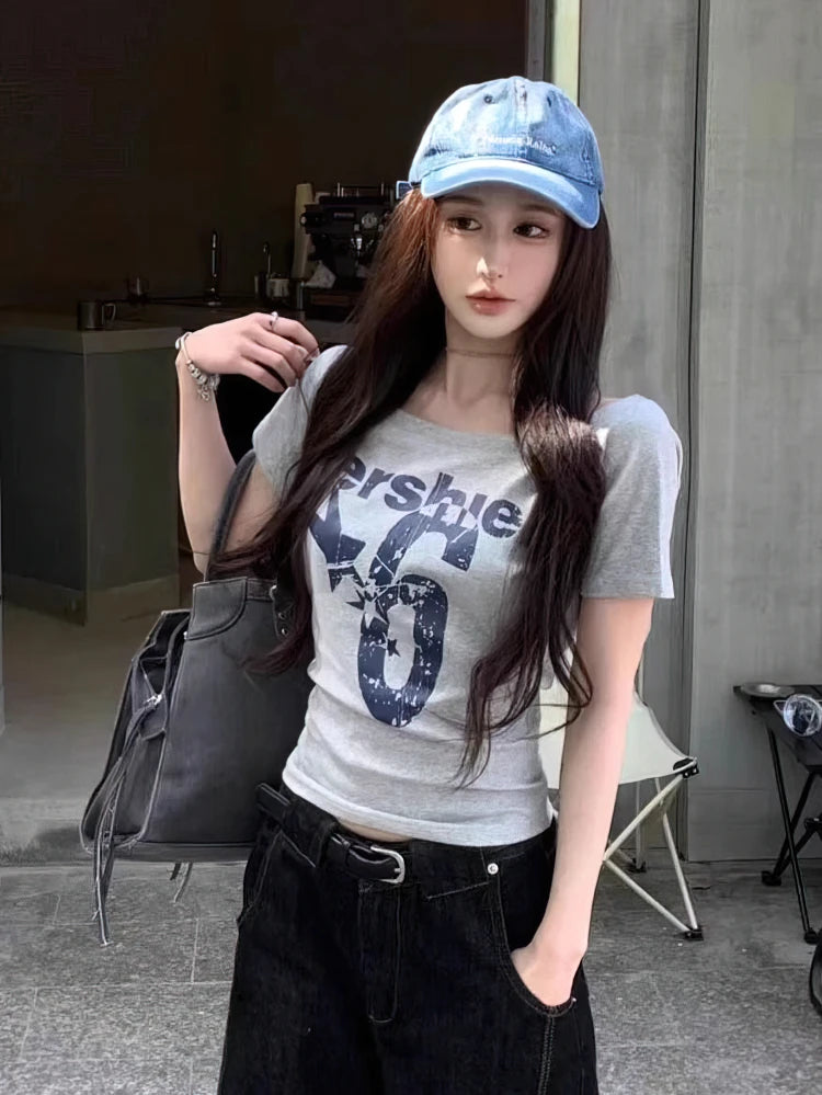 Sport Summer Off shoulder Top Women Vintage 2000s Short sleeve T shirt