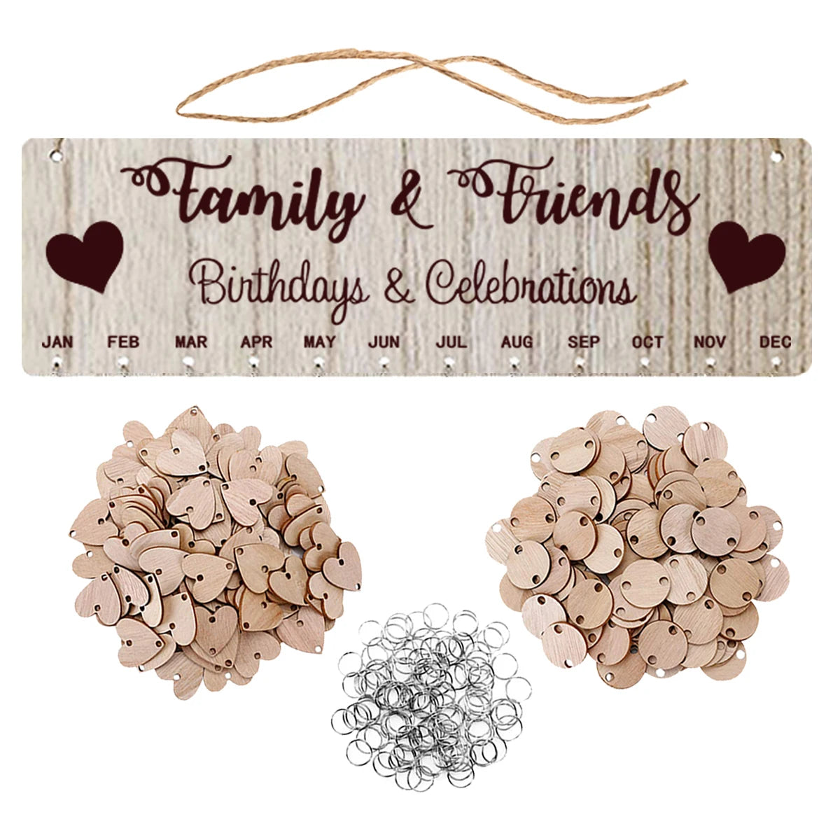 Wooden Hanging DIY Calendar Reminder Board with 50 Round Pendants and 50 Heart Shaped Pendants