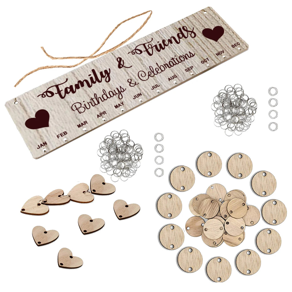 Wooden Hanging DIY Calendar Reminder Board with 50 Round Pendants and 50 Heart Shaped Pendants