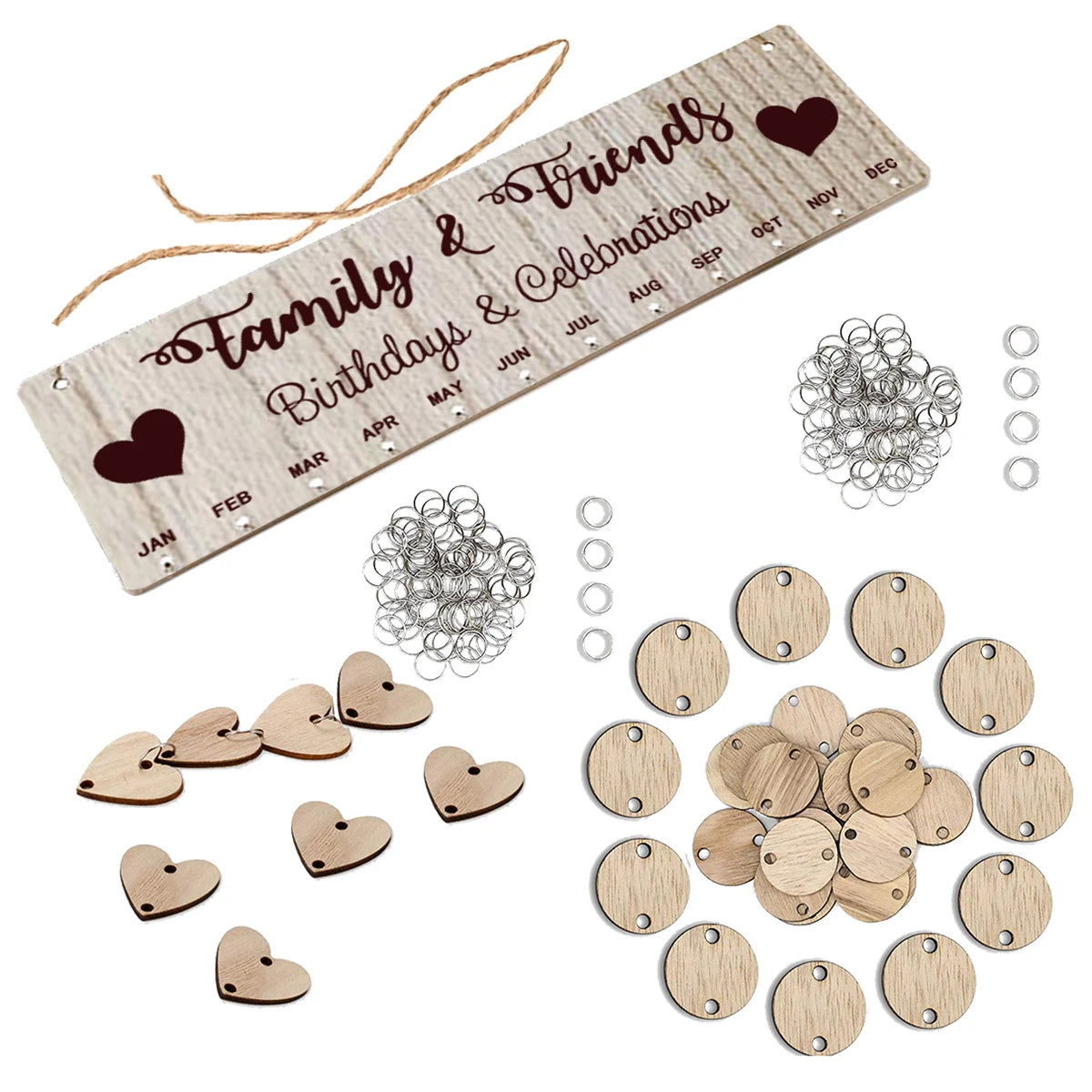 Wooden Hanging DIY Calendar Reminder Board with 50 Round Pendants and 50 Heart Shaped Pendants