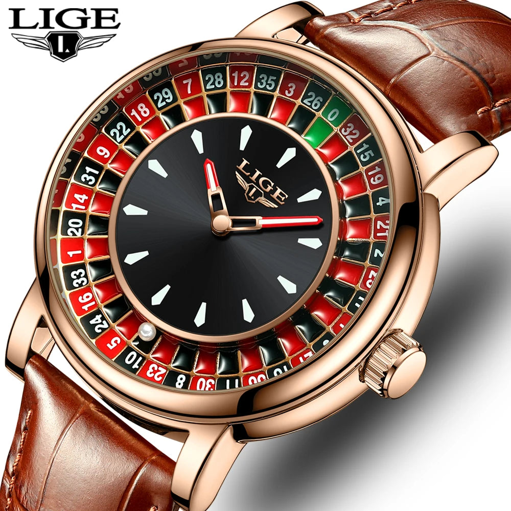 LIGE Brown Leather Men Watch Rotating Dial Las Vegas Roulette Desktop Theme