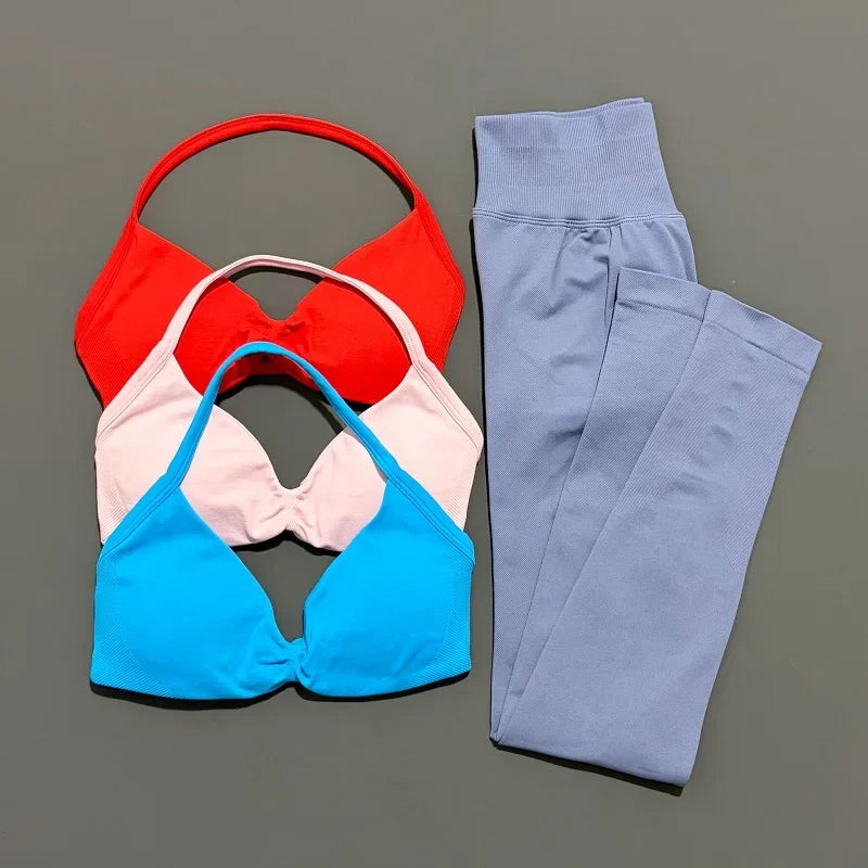 2 Piece Sports Set Women Yoga Backless Halter Bra High Waist Scrunch Seamless Pants