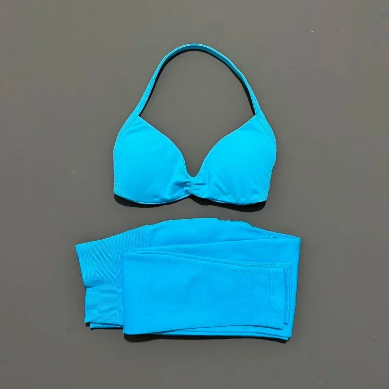 2 Piece Sports Set Women Yoga Backless Halter Bra High Waist Scrunch Seamless Pants
