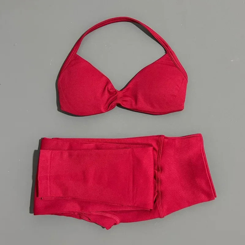 2 Piece Sports Set Women Yoga Backless Halter Bra High Waist Scrunch Seamless Pants