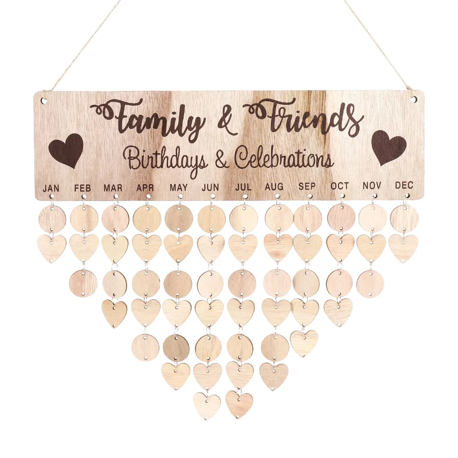 Wooden Hanging DIY Calendar Reminder Board with 50 Round Pendants and 50 Heart Shaped Pendants