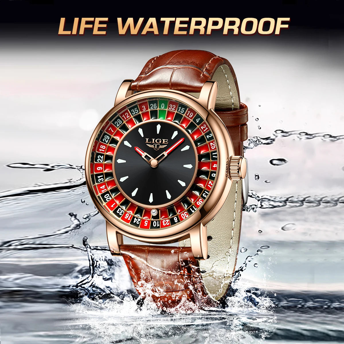 LIGE Brown Leather Men Watch Rotating Dial Las Vegas Roulette Desktop Theme