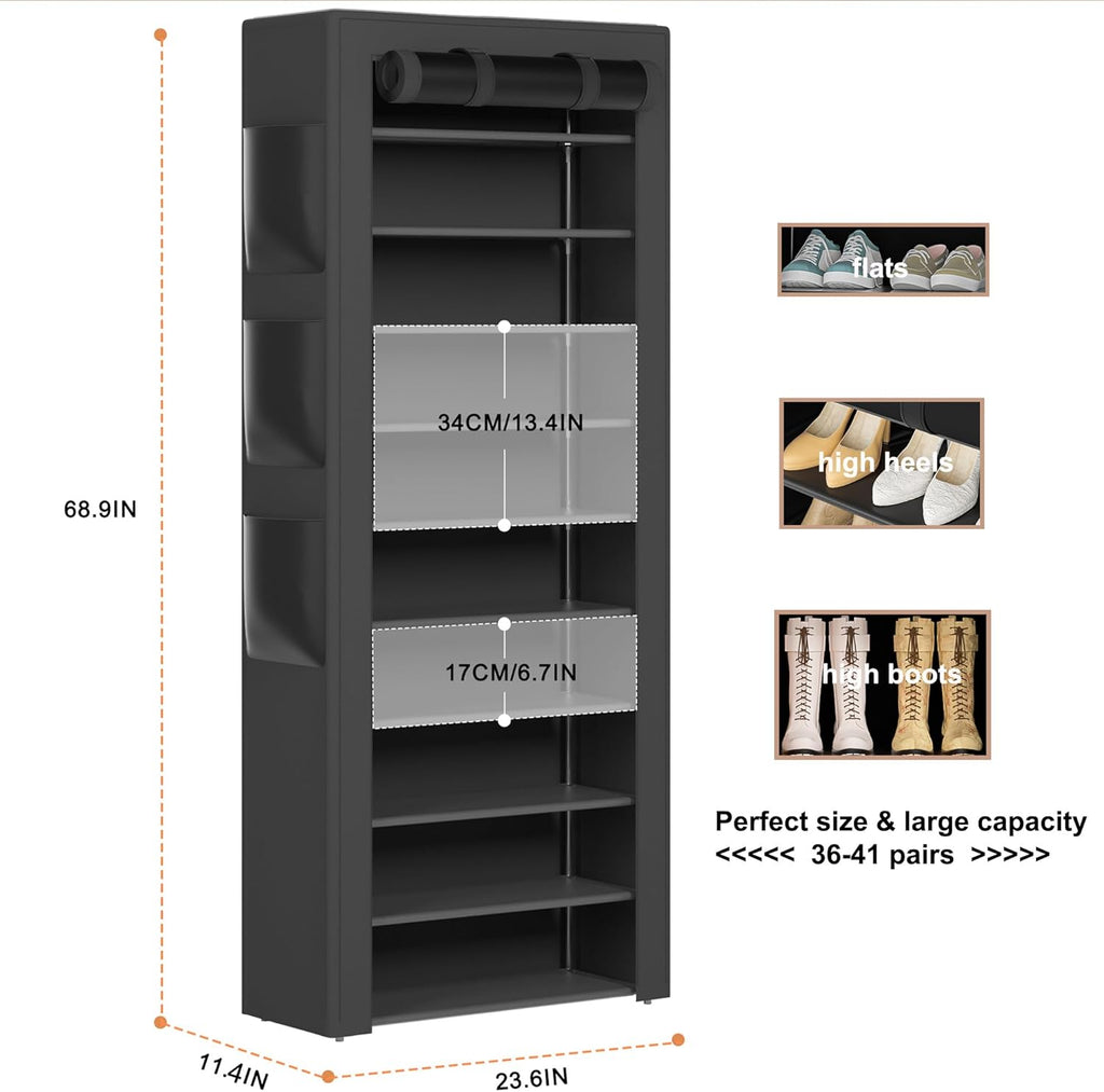 Large Shoe Rack, Black, 6 Side Pockets, 23.6" Wide X 11.4" Deep X 68.9" Tall, 36-41 Pairs of Shoes