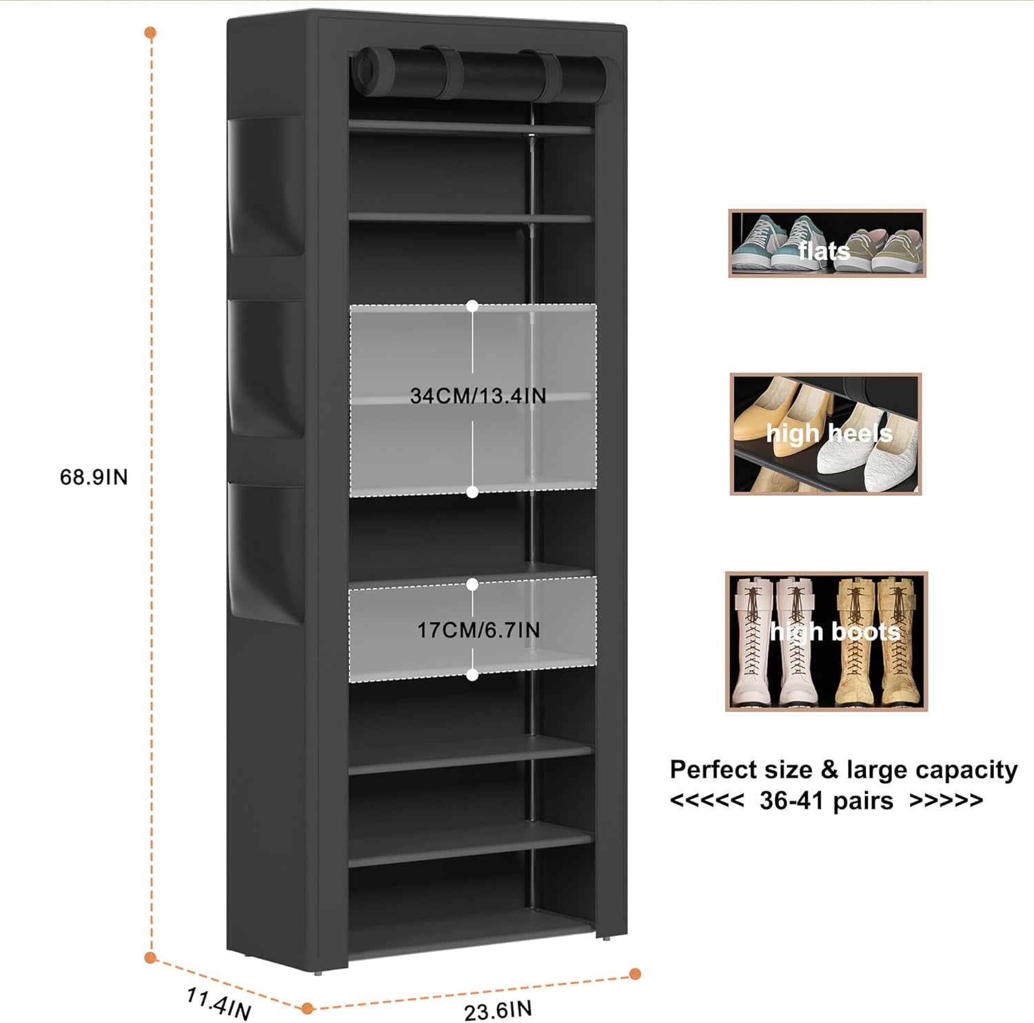 Large Shoe Rack, Black, 6 Side Pockets, 23.6" Wide X 11.4" Deep X 68.9" Tall, 36-41 Pairs of Shoes