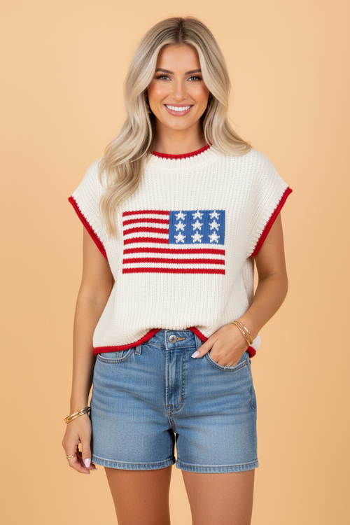 USA Flag Cropped Short Sleeve Sweater for Fourth of July