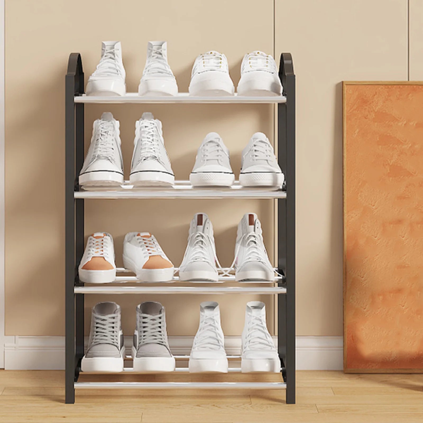  Free Standing Shoe Rack (8 Pairs of Shoes), Entryway Shoe Organizer with Storage Top for Bags or Shoes, Black