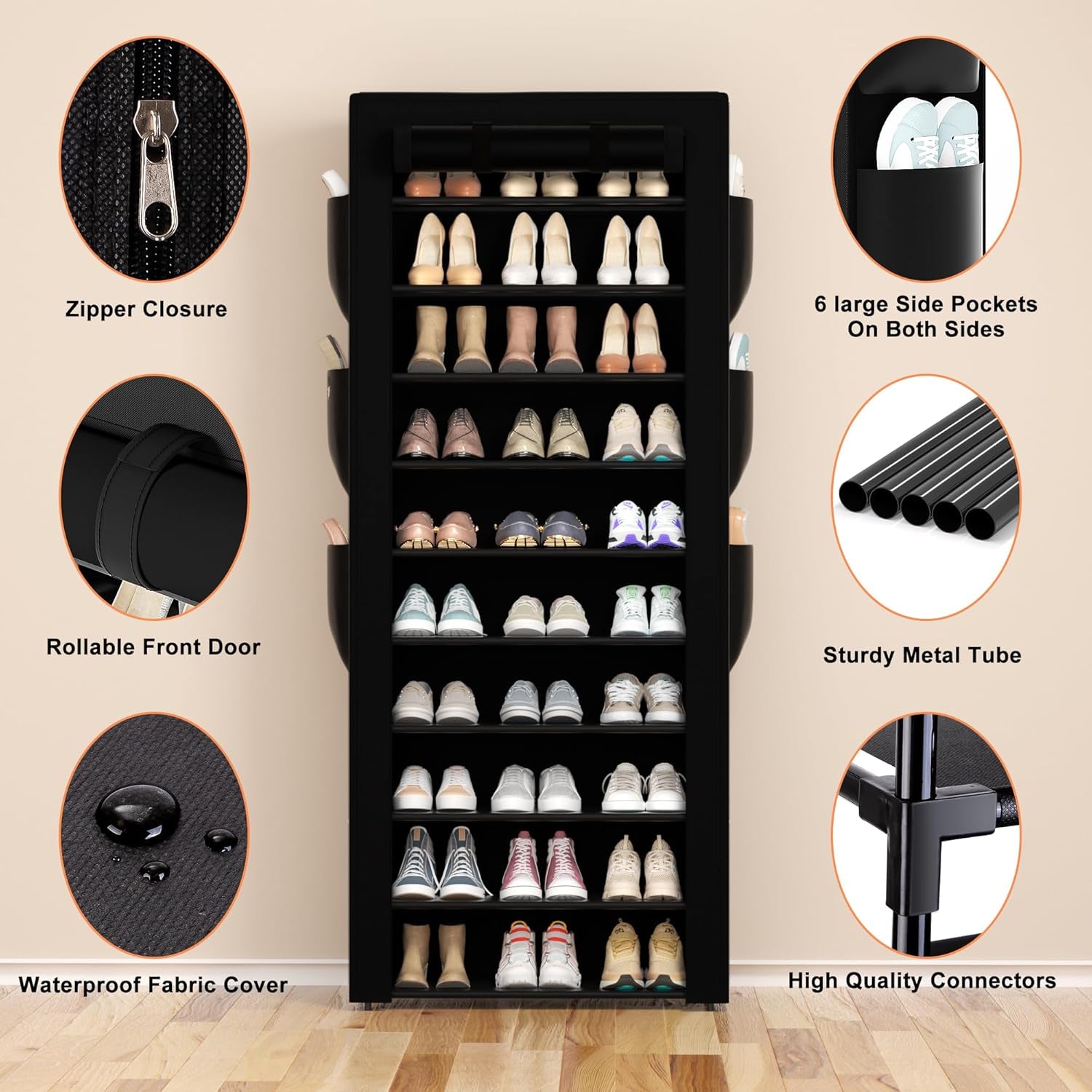 Large Shoe Rack, Black, 6 Side Pockets, 23.6" Wide X 11.4" Deep X 68.9" Tall, 36-41 Pairs of Shoes