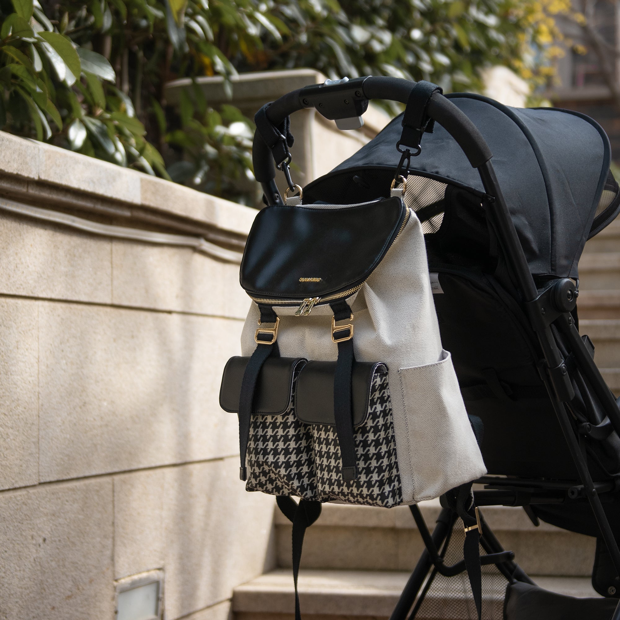 Houndstooth Faux Leather Diaper Backpack Waterproof