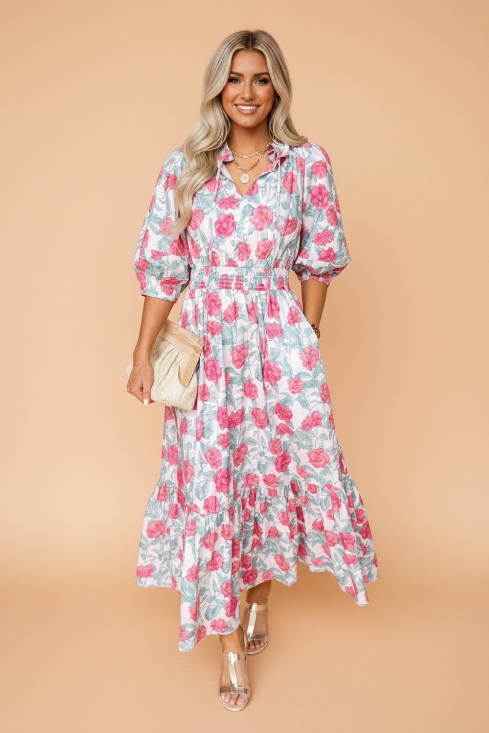 Floral Puff Sleeve Midi Dress, V Neck Tie Front Womens Summer Dress