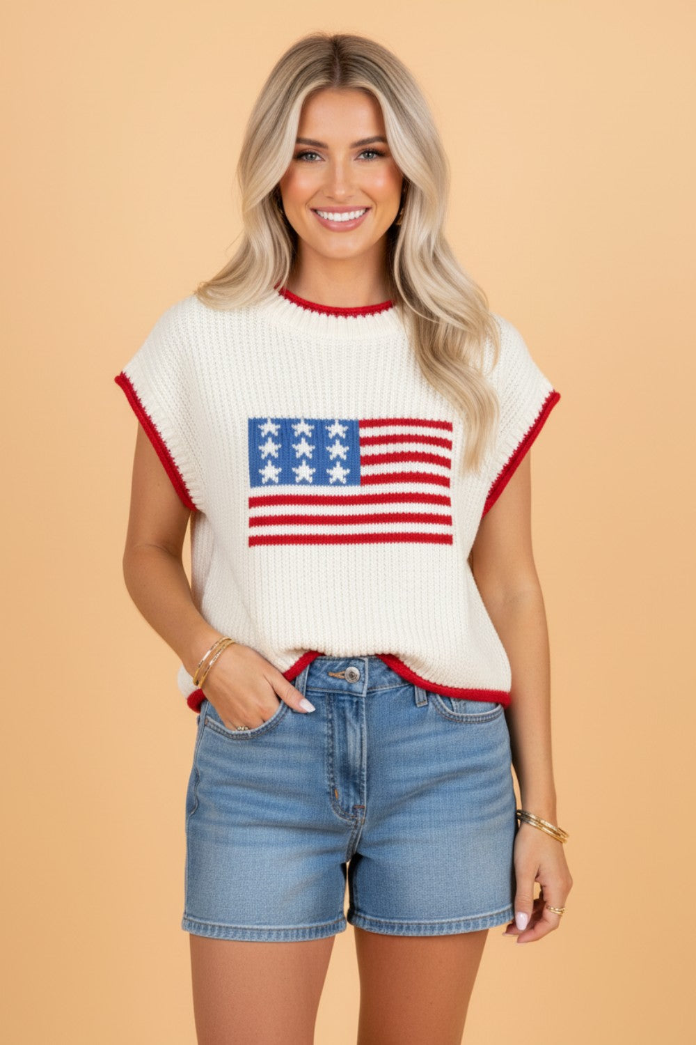 USA Flag Cropped Short Sleeve Sweater for Fourth of July