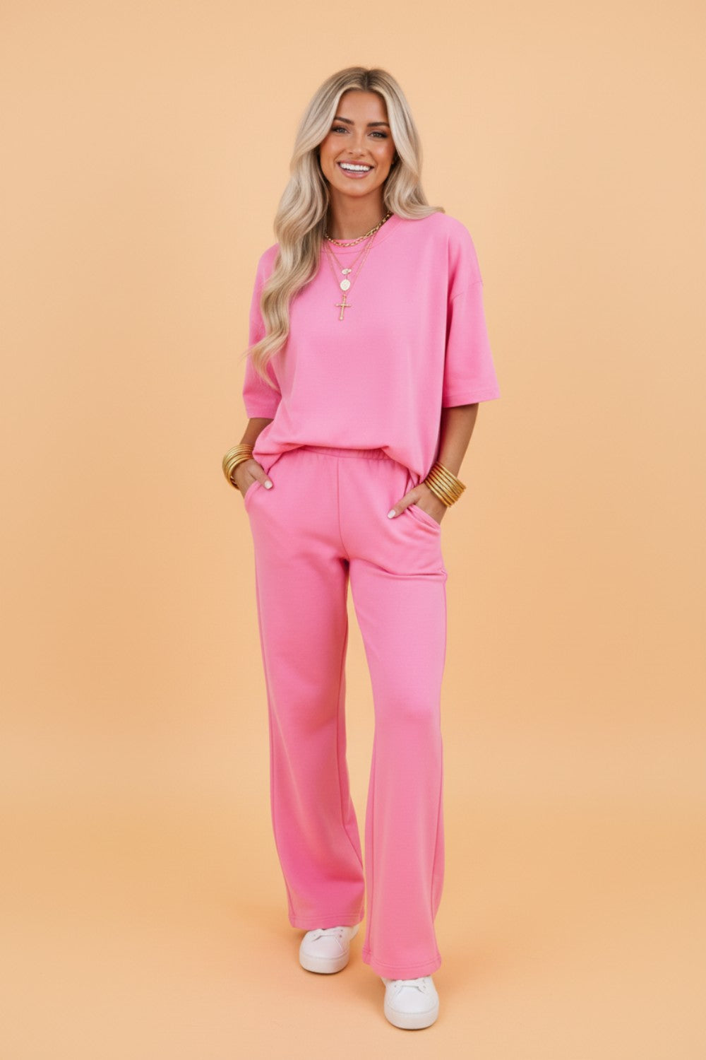 Oversized Tee and Wide Leg Pants Set, Womens 2 Piece Lounge Outfit