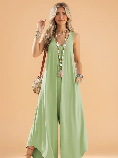 Solid Sleeveless V-Neck Wide Leg Jumpsuit