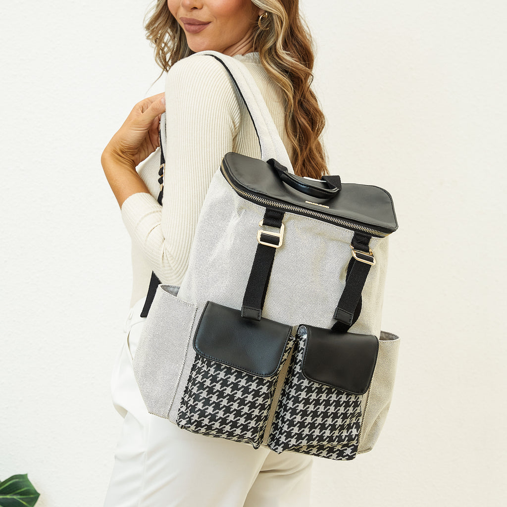 Houndstooth Faux Leather Diaper Backpack Waterproof