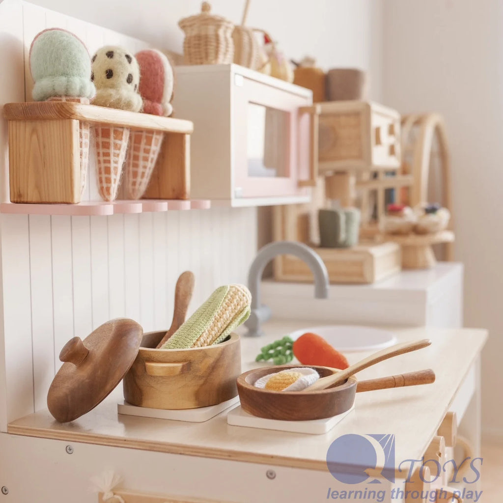 Wooden Toy Pan and Pot Set Pretend Play Kitchen
