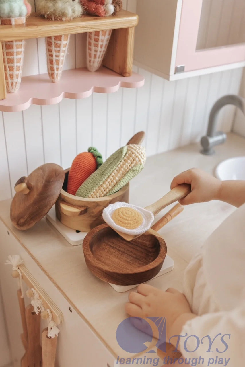 Wooden Toy Pan and Pot Set Pretend Play Kitchen