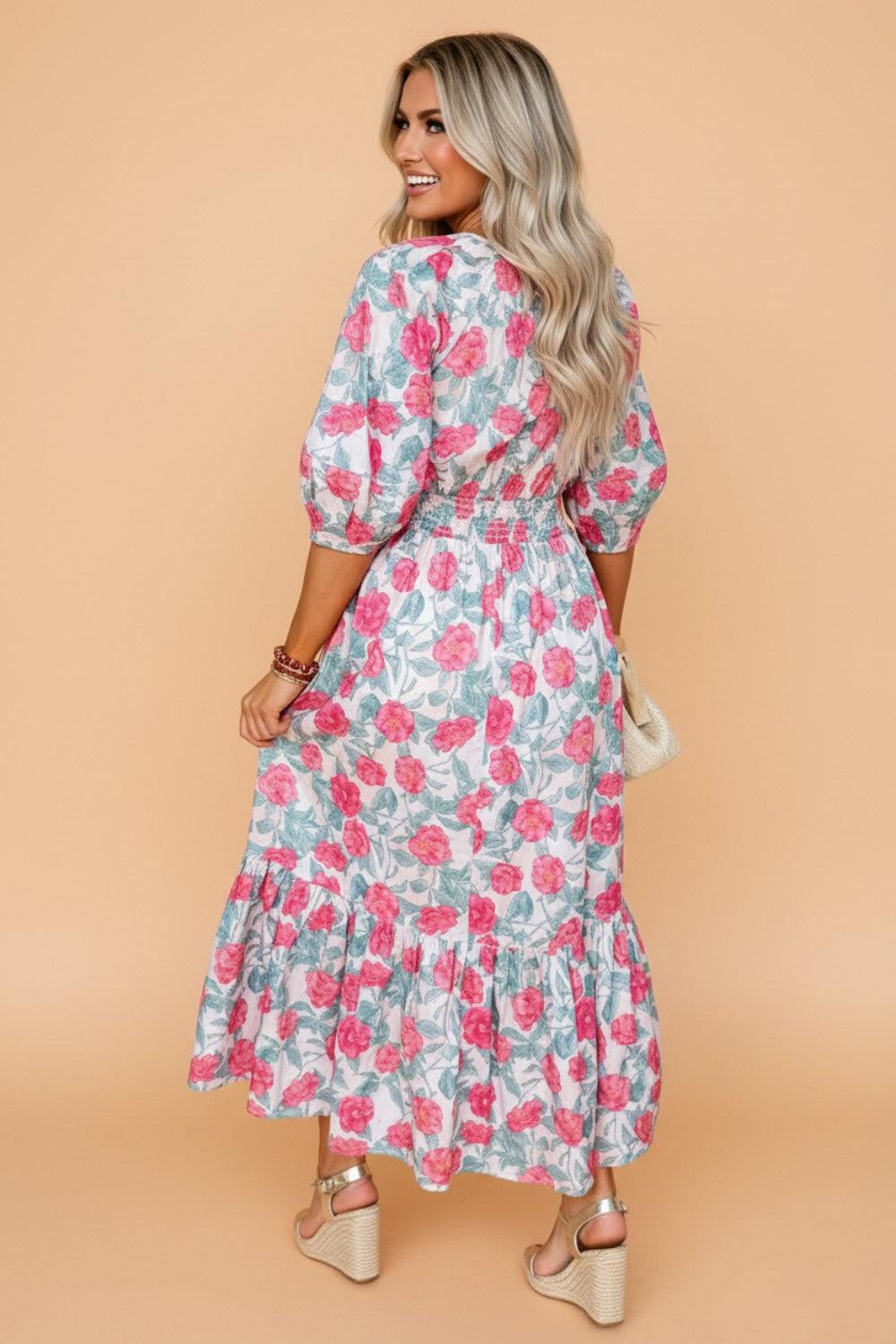 Floral Puff Sleeve Midi Dress, V Neck Tie Front Womens Summer Dress