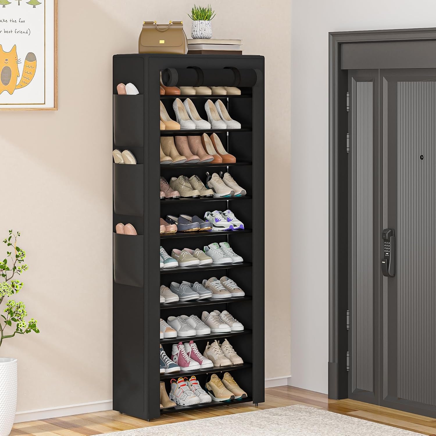 Large Shoe Rack, Black, 6 Side Pockets, 23.6" Wide X 11.4" Deep X 68.9" Tall, 36-41 Pairs of Shoes